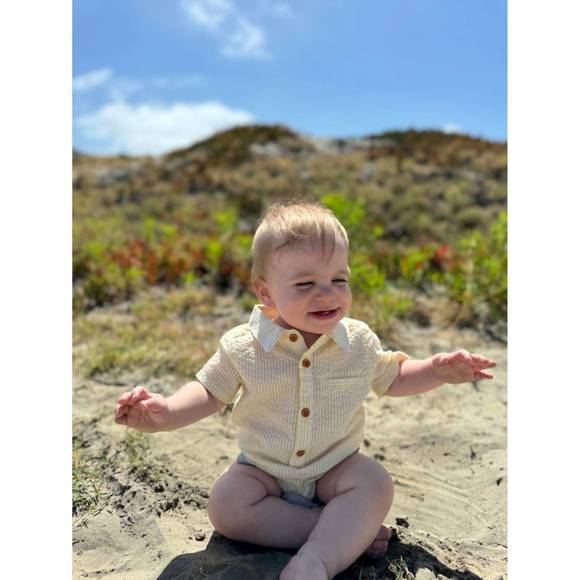 Boys Helford Cream Stripe Woven Onesie by Me & Henry